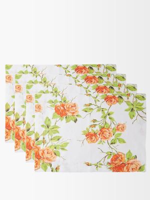 Emilia Wickstead - Set Of Four Rose-print Linen Placemats - Womens - Orange White