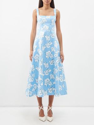 Emilia Wickstead - Shilow Floral-print Taffeta-faille Midi Dress - Womens - Blue Print