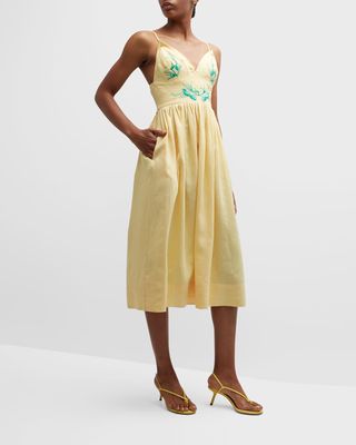 Emilie Pleated Linen Midi Dress with Embroidery
