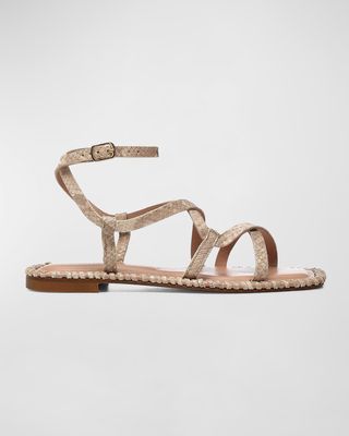 Emillia Snake-Embossed Crisscross Flat Sandals
