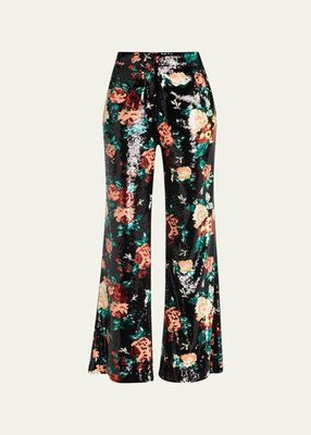 Emma Black Sequin Floral Wide-Leg Pants