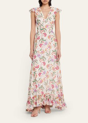 Emma Ruffle Cap-Sleeve Floral Maxi Dress