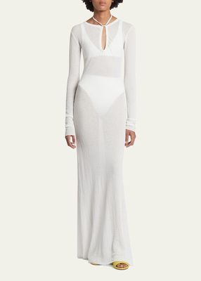 Emmeline Sheer Halter Long-Sleeve Maxi Dress