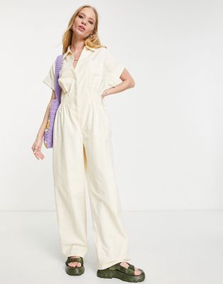 Emory Park button through jumpsuit in cream-White