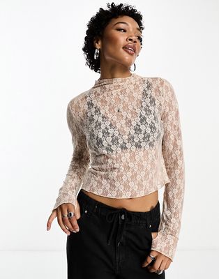 Emory Park high neck lace top in taupe-Neutral