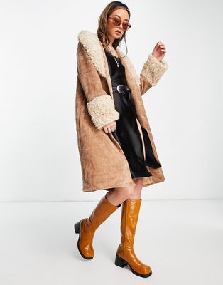 Emory Park longline coat with shaggy collar and cuffs in faux suede-Brown