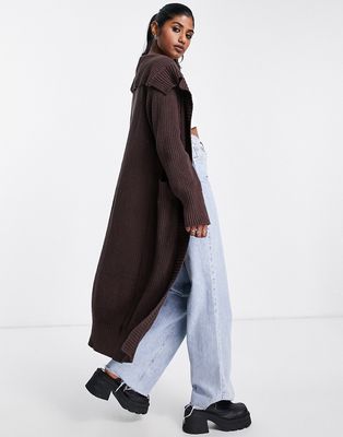 Emory Park oversized collar maxi cardigan in chocolate brown