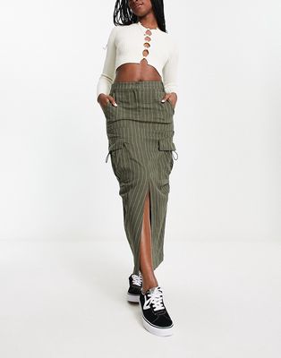Emory Park pinstripe cargo midaxi skirt in khaki-Green