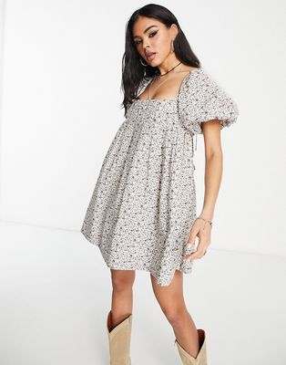 Emory Park puff sleeve ditsy mini smock dress in red rose floral-Multi