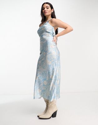Emory Park satin paisley print one shoulder midaxi dress in blue-Multi