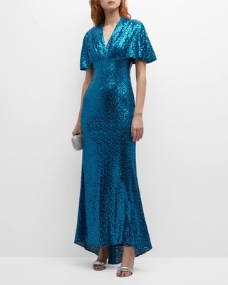 Empire-Waist Dolman-Sleeve Sequin Gown