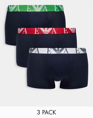 Emporio Armani Bodywear contrast waistband 3 pack trunks in navy