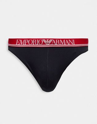 Emporio Armani Bodywear mesh microfiber thong with red waistband in black