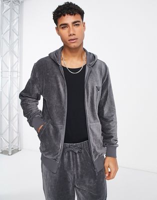 Emporio Armani Bodywear ribbed velour lounge zip hoodie in gray