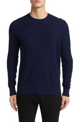 Emporio Armani Chevron Textured Wool Crewneck Sweater in Solid Blue Navy