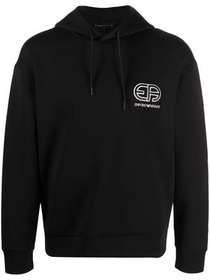 Emporio Armani embroidered logo rib-trimmed hoodie - Black