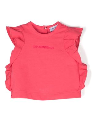 Emporio Armani Kids embroidered-logo ruffled T-shirt - Pink