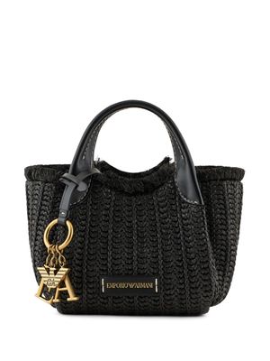 Emporio Armani logo-charm woven straw tote bag - Black