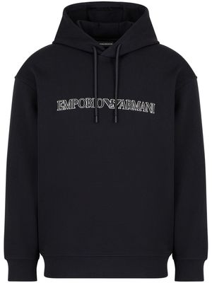 Emporio Armani logo-embroidered cotton-blend hoodie - Black