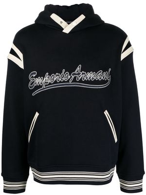 Emporio Armani logo-embroidered jersey hoodie - Blue