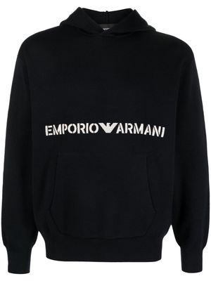 Emporio Armani logo-embroidered long-sleeve hoodie - Blue