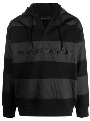Emporio Armani logo-embroidered striped hoodie - Black