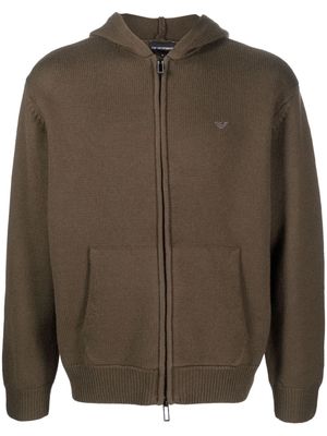Emporio Armani logo-embroidered virgin wool hoodie - Brown