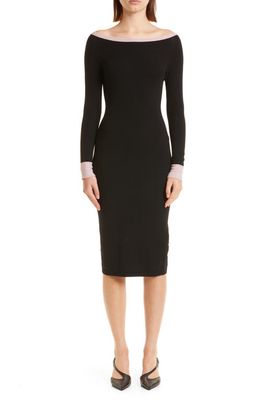 Emporio Armani Off the Shoulder Contrast Trim Coton Sheath Dress in Solid Black