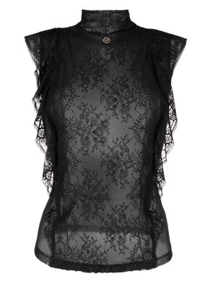 Emporio Armani pattern-lace ruffled top - Black
