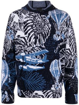Emporio Armani patterned intarsia-knit hoodie - Blue