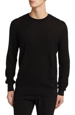 Emporio Armani Textured Virgin Wool Crewneck Sweater in Solid Black