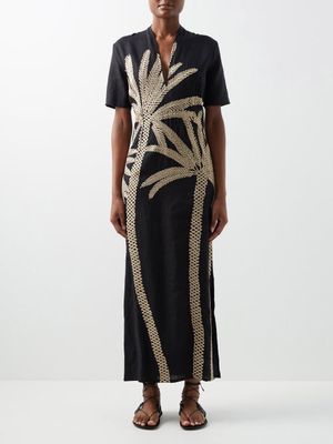 Emporio Sirenuse - Fiona Palm-embroidered Linen Maxi Dress - Womens - Black Multi