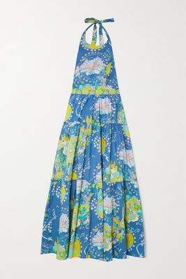 Emporio Sirenuse - Isotta Tiered Printed Cotton-poplin Halterneck Maxi Dress - Blue
