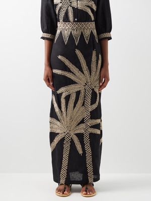 Emporio Sirenuse - Monika Palm Tree-embroidered Linen Skirt - Womens - Black Multi