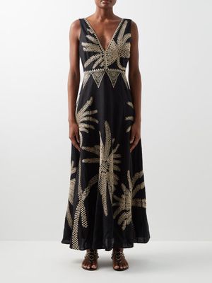 Emporio Sirenuse - Nellie Embroidered Linen Dress - Womens - Black Multi