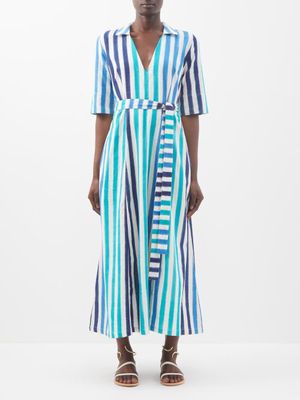 Emporio Sirenuse - Ottavia Waist-tie Ikat-print Cotton-voile Dress - Womens - Blue Stripe