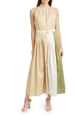 En Saison Clara Colorblock Sleeveless Cotton Dress in Khaki Multi