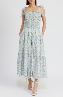 En Saison Egret Floral Cotton Maxi Dress in White Light Blue 