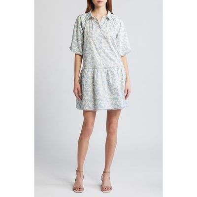 En Saison Egret Floral Cotton Minidress in White Light Blue 