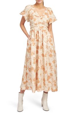 En Saison Florence Ruched Floral Midi A-Line Dress in Peach Taupe