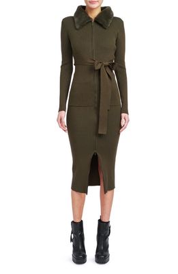 En Saison Long Sleeve Belted Midi Dress with Faux Fur Collar in Olive