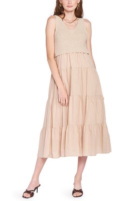 En Saison Mixed Media Tiered Midi Dress in Taupe