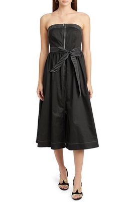 En Saison Rhea Topstitch Detail Strapless Cotton Midi Dress in Black