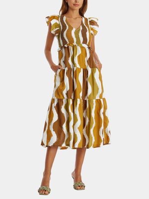 En Saison Women's Dion Smocked Midi Dress in Brown