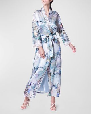 Enchanted Lace-Trim Floral-Print Silk Robe