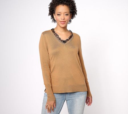 Encore by Idina Menzel Lace Trimmed V-Neck Sweater