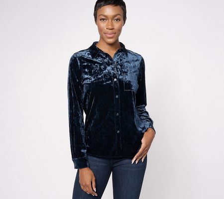 Encore by Idina Menzel Velvet Knit Button Front Shirt with Cuff