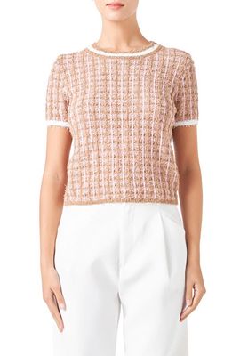 Endless Rose Check Tweed Sweater in Camel/Pink