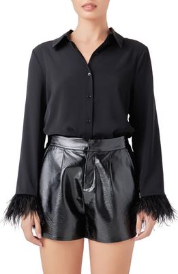 Endless Rose Faux Feather Trim Button-Up Blouse in Black