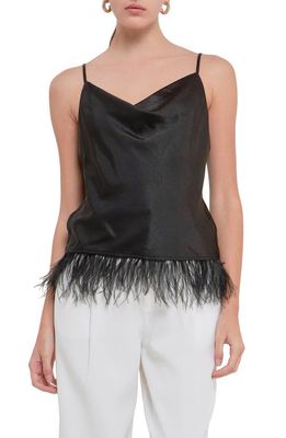 Endless Rose Feather Hem Satin Camisole in Black